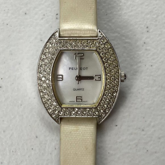Peugeot Womens Wrist Watch Crystal Quartz Mother of Pearl Dial White Leather - Picture 1 of 8
